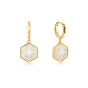 Ania Haie All Jmj & Branded Fashion Jewellery | Gold Plate Mother of Pearl Compass Emblem Hoops