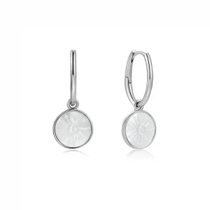 Ania Haie All Jmj & Branded Fashion Jewellery | Rhodium Plated Silver Sunbeam Mother of Pearl Emblem Hoop's
