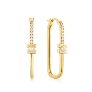 Ania Haie All Jmj & Branded Fashion Jewellery | Yellow Gold Plated Modernist Pearl & CZ Oval Hoop's