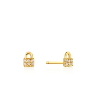 Ania Haie All Jmj & Branded Fashion Jewellery | Yellow Gold Plate CZ Padlock Sparkle Stud Earring's