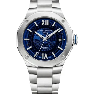 Baume & Mercier Mens Baume Et Mercier Watches | Auto 42mm Riviera Baumatic Dodecagonal Frosted Blue Stainless Steel Watch