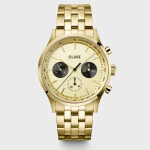 Cluse Mens Cluse Watches | 42mm Anthéor Multifunction Gold Stainless Steel 5 Link Bracelet Watch