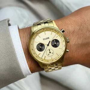 Cluse Mens Cluse Watches | 42mm Anthéor Multifunction Gold Stainless Steel 5 Link Bracelet Watch
