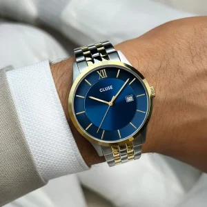 Cluse Mens Cluse Watches | 40mm Aravis Blue Dial Two Tone Stainless Steel Link Watch