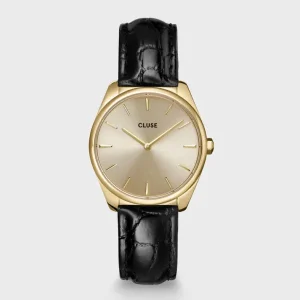 Cluse Ladies Cluse Watches | 31mm Féroce Gold Toned Black Leather Strap Watch