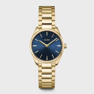Cluse Ladies Cluse Watches | 25mm Féroce Mini Royal Yellow Gold Toned & Blue Dial Link Watch