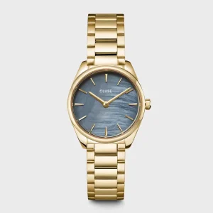 Cluse Ladies Cluse Watches | 25mm Féroce Mini Royal Yellow Gold Toned & Blue Pearl Dial Link Watch