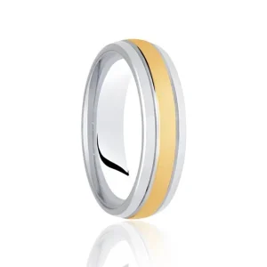 Jack Murphy Jewellers Two Tone Wedding Rings | Yellow Gold Wedding Rings | 18ct Yellow Gold & Platinum Inlaid Groove Polished Medium 6mm Wedding Band