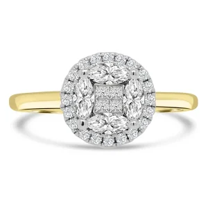 Jack Murphy Jewellers Natural Cluster Diamond Rings | Natural Three-Stone Diamond Rings | 18ct Yellow Gold Brilliant Round & Halo Illusion Diamond Ring, 0.58ct