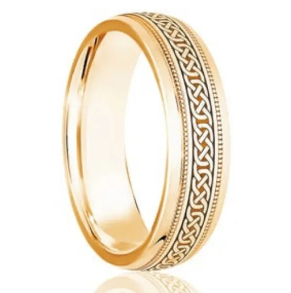 Jack Murphy Jewellers Yellow Gold Wedding Rings | 18ct Yellow Gold Celtic Design Beaded Classic Medium 6mm Wedding Band