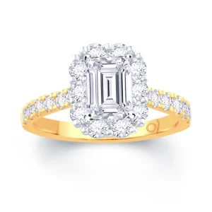 Jack Murphy Jewellers Natural Halo Diamond Rings | 18ct Yellow Gold Emerald, Halo & Shoulder Set Diamond Ring 1.51ct