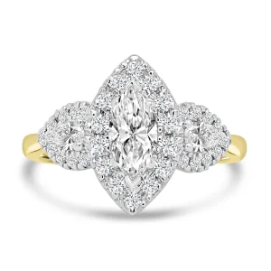 Jack Murphy Jewellers Natural Three-Stone Diamond Rings | 18ct Yellow Gold Marquise & Pear Three Stone & Halo Diamond Ring, 0.91ct