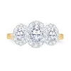 Jack Murphy Jewellers Natural Three-Stone Diamond Rings | 18ct Yellow Gold Oval & Halo Three Stone Diamond Ring, 0.83ct