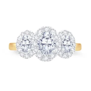 Jack Murphy Jewellers Natural Three-Stone Diamond Rings | 18ct Yellow Gold Oval & Halo Three Stone Diamond Ring, 0.83ct