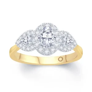 Jack Murphy Jewellers Natural Three-Stone Diamond Rings | 18ct Yellow Gold Oval & Pear Three Stone & Halo Diamond Ring, 0.87ct