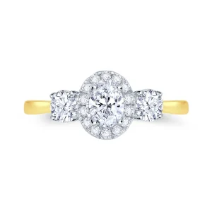 Jack Murphy Jewellers Natural Three-Stone Diamond Rings | 18ct Yellow Gold Oval, Halo & Round Three Stone Diamond Ring, 0.91ct