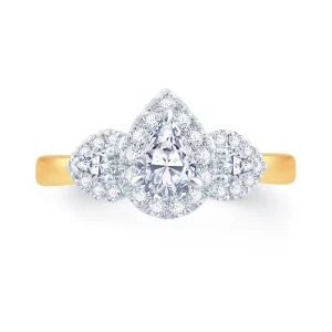 Jack Murphy Jewellers Natural Three-Stone Diamond Rings | 18ct Yellow Gold Pear & Halo Three Stone Diamond Ring, 1.16ct