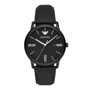 Emporio Armani Mens Emporio Armani Watches | Gents Three-Hand Date Black Leather Strap Watch