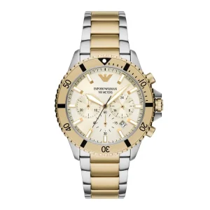 Emporio Armani Mens Emporio Armani Watches | 43mm Diver Two Tone Chronographic Yellow & Steel Watch