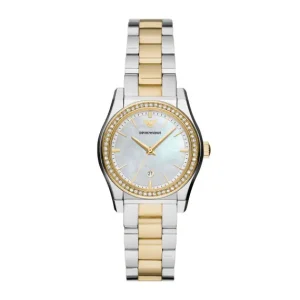 Emporio Armani Ladies Emporio Armani Watches | 32mm Federica Two Tone Mother of Pearl CZ Link Watch