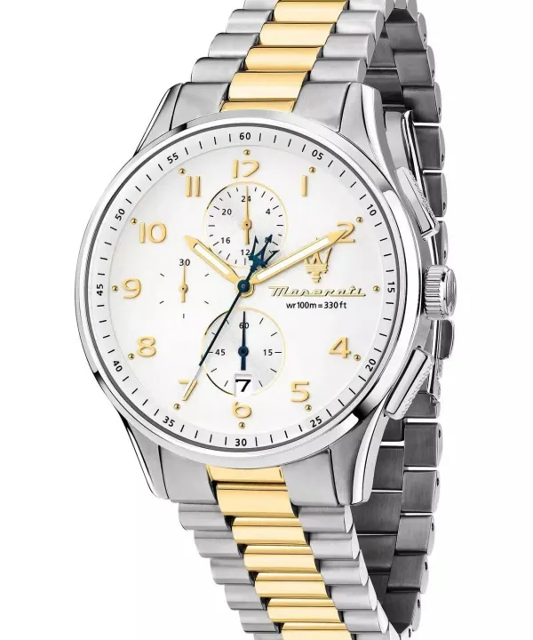 Maserati Mens Maserati Watches | 42mm Sorpasso Chronograph White Dial Gold & Silver Toned Stainless Steel Bracelet Watch