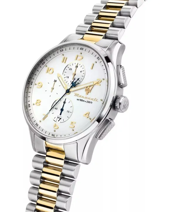 Maserati Mens Maserati Watches | 42mm Sorpasso Chronograph White Dial Gold & Silver Toned Stainless Steel Bracelet Watch