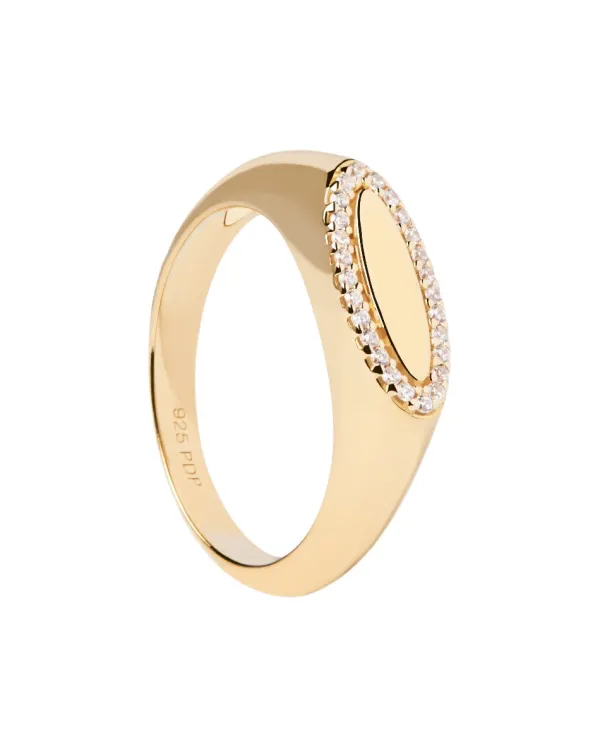 PDPAOLA All Jmj & Branded Fashion Jewellery | Yellow Gold CZ Lace Stamp Ring - Size P