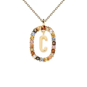 PDPAOLA All Jmj & Branded Fashion Jewellery | Yellow Gold Plate Colourful Precious Stones 'C' Initial Necklace