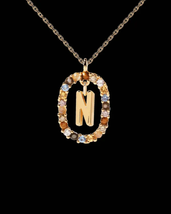 PDPAOLA All Jmj & Branded Fashion Jewellery | Yellow Gold Plate Colourful Precious Stones 'N' Initial Necklace