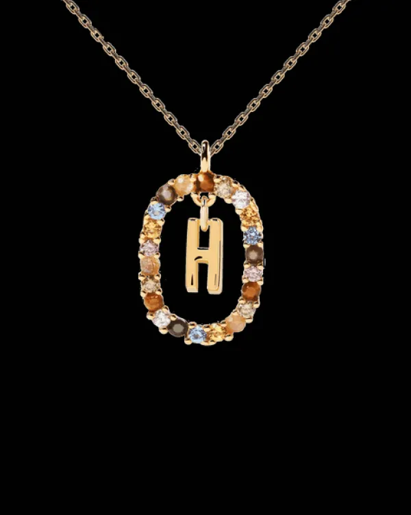 PDPAOLA All Jmj & Branded Fashion Jewellery | Yellow Gold Plate Colourful Precious Stones 'H' Initial Necklace