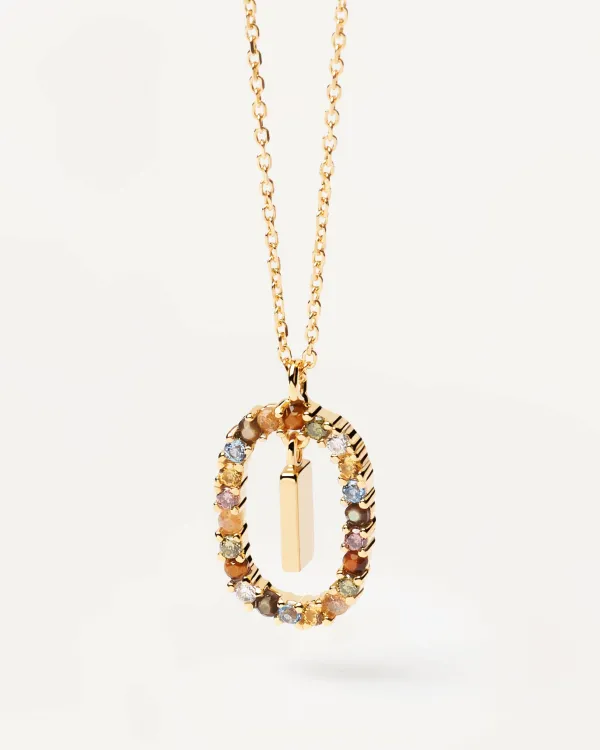 PDPAOLA All Jmj & Branded Fashion Jewellery | Yellow Gold Plate Colourful Precious Stones 'I' Initial Necklace