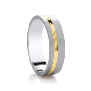 Jack Murphy Jewellers Two Tone Wedding Rings | Yellow Gold Wedding Rings | Platinum & Yellow Gold Matte & Polished Offset Grooves Medium 6mm Wedding Band