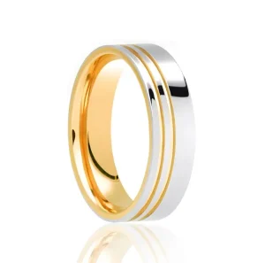 Jack Murphy Jewellers Two Tone Wedding Rings | Yellow Gold Wedding Rings | Platinum & Yellow Gold Polished Offset Inlaid Grooves Medium 6mm Wedding Band