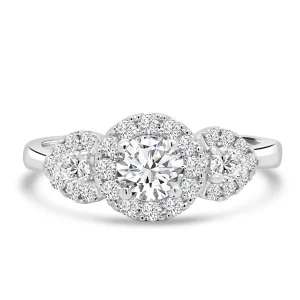 Jack Murphy Jewellers Natural Three-Stone Diamond Rings | Natural Halo Diamond Rings | Platinum Brilliant Round & Pear Sides Three Stone Diamond Ring 0.78ct