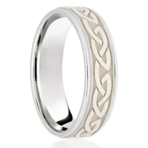 Jack Murphy Jewellers Platinum Wedding Rings | Platinum Embossed Celtic Design Medium Flat Court 6mm Wedding Band