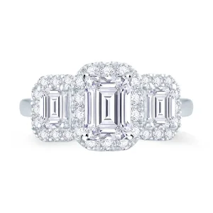 Jack Murphy Jewellers Natural Three-Stone Diamond Rings | Natural Halo Diamond Rings | Platinum Emerald & Halo Three Stone Diamond Ring 0.85ct