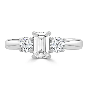 Jack Murphy Jewellers Natural Three-Stone Diamond Rings | Platinum Emerald & Round Brilliant Three Stone Diamond Ring 0.87ct