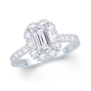Jack Murphy Jewellers Natural Halo Diamond Rings | Platinum Emerald, Halo & Shoulder Set Diamond Ring 0.85ct