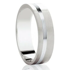 Jack Murphy Jewellers Platinum Wedding Rings | Platinum Matte & Polished Offset Inlaid Grooves Medium 6mm Wedding Band