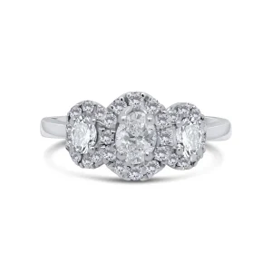 Jack Murphy Jewellers Natural Three-Stone Diamond Rings | Platinum Oval & Halo Three Stone Diamond Ring 0.86ct
