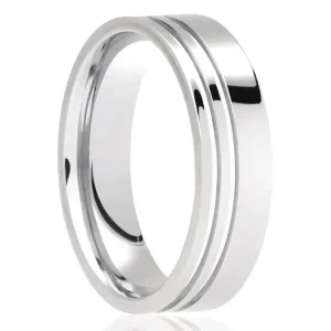 Jack Murphy Jewellers Platinum Wedding Rings | Platinum Polished Offset Inlaid Grooves Medium 6mm Wedding Band