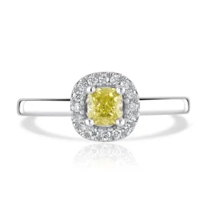 Jack Murphy Jewellers Natural Halo Diamond Rings | Platinum Yellow Cushion Diamond Halo Ring 0.52ct