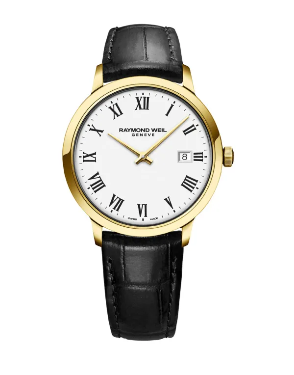 Raymond Weil Mens Raymond Weil Watches | 39mm Toccata Yellow Toned Black Date Dial Leather Watch