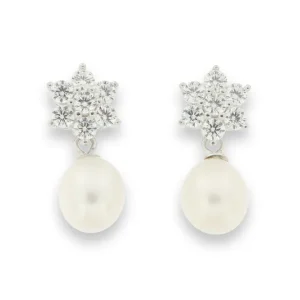 Jack Murphy Jewellers Bridal Jewellery | Jmj Sterling Silver Jewellery | Sterling Silver Cluster CZ & Freshwater Pearl Drop Earrings