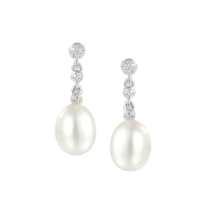 Jack Murphy Jewellers Bridal Jewellery | Jmj Sterling Silver Jewellery | Sterling Silver Oval Pearl & Round CZ Drop Earrings