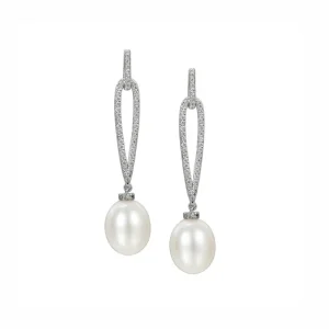 Jack Murphy Jewellers Bridal Jewellery | Jmj Sterling Silver Jewellery | Sterling Silver Pearl & CZ Long Open Stud Drop Earrings
