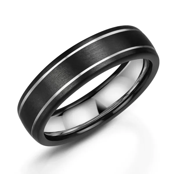 zirconium__inlaid_platinu_0.webp Jack Murphy Jewellers Zirconium Wedding Rings | Two Tone Wedding Rings | Zirconium & Inlaid Platinum 6mm Matte Rounded Flat Court Wedding Band